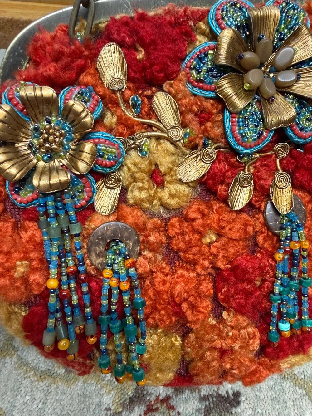 Mary Frances Embroidered Boho Beaded Clutch Handbag in Red & Orange